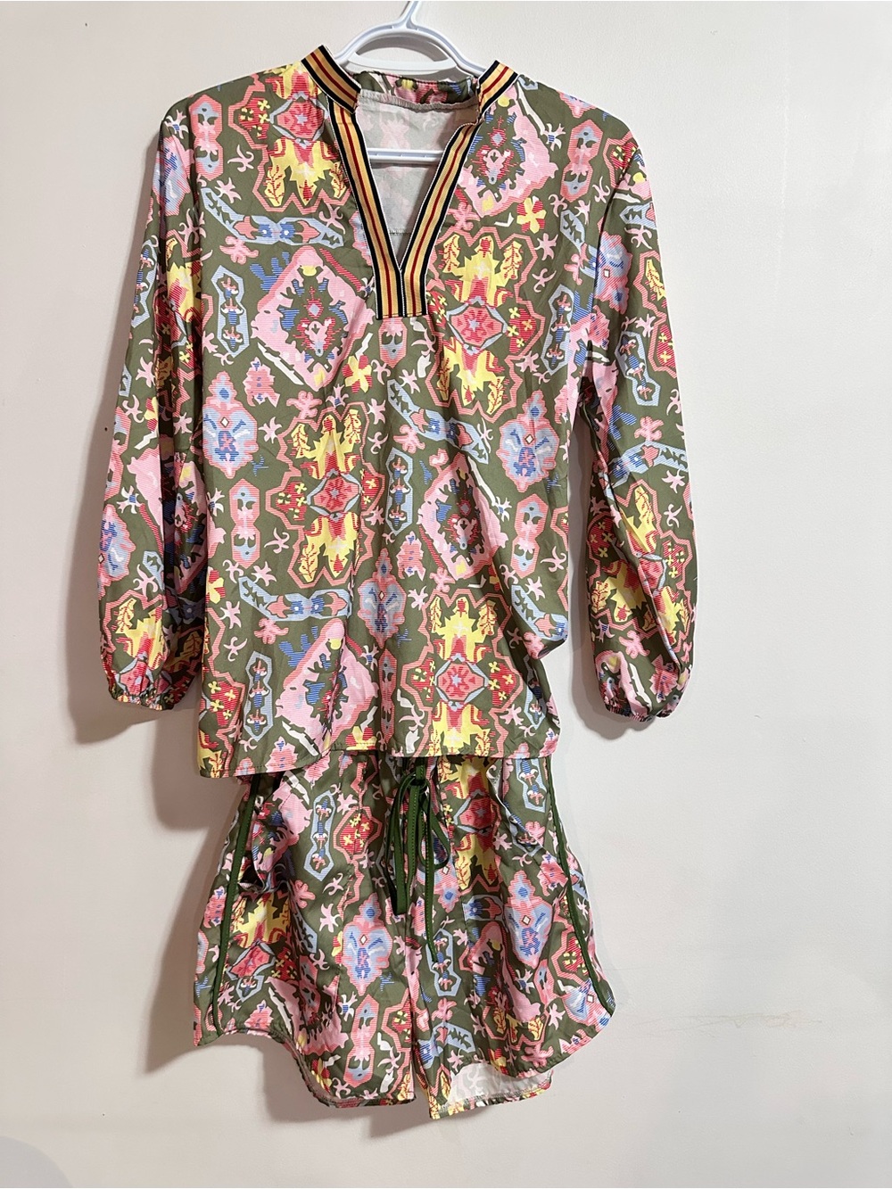 Printed Two-Piece Tunic and Shorts Set in Olive with Pastel Medallions